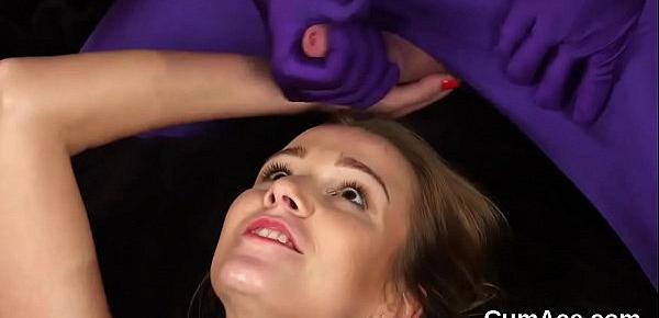  Sexy honey gets jizz shot on her face swallowing all the jism